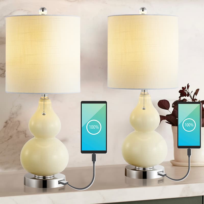 Horizon 22" Classic Vintage Glass LED Table Lamp with USB Charging Port, (Set of 2) by JONATHAN Y - Clear/Cream
