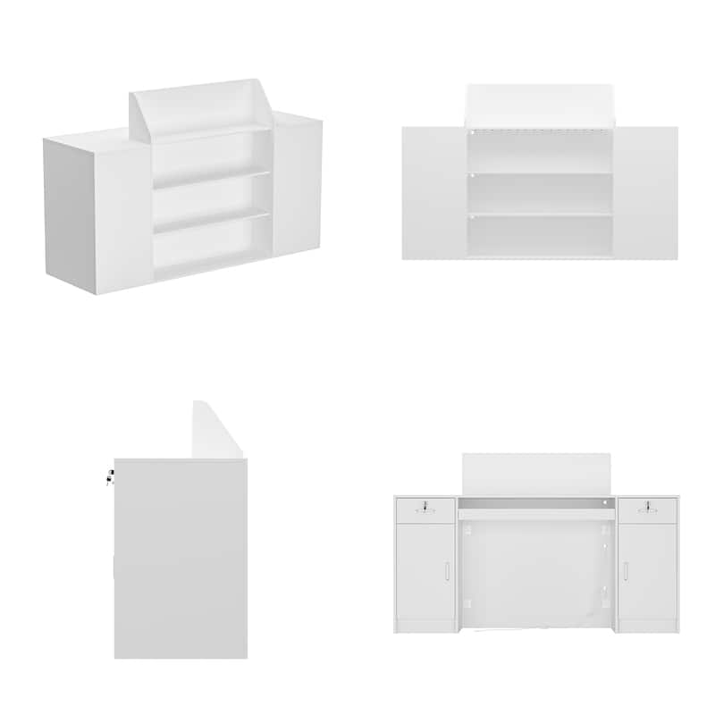 Reception Desk Checkout Counter with LED Display Shelves, Locking Drawer and Storage Cabinets
