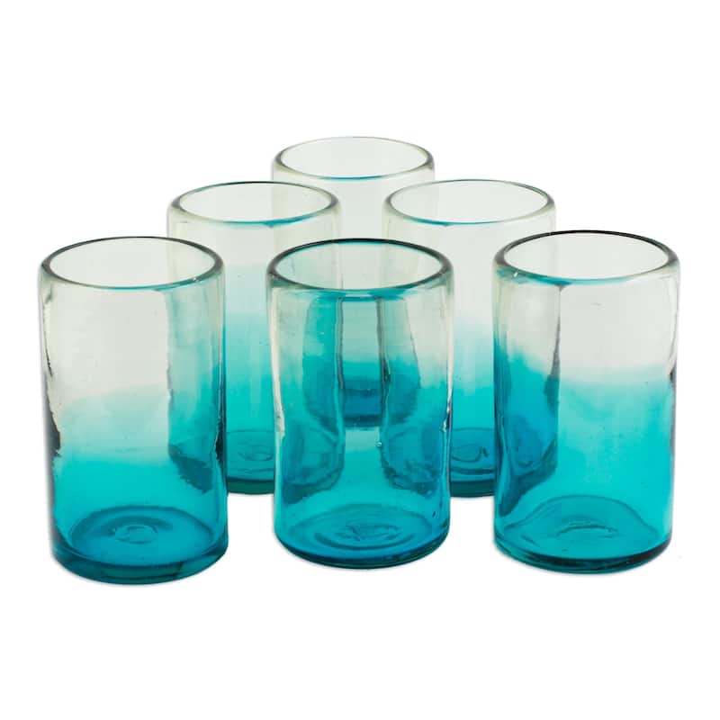 NOVICA Artisan Handblown Glass Tumblers Turquoise Recycled Mexican