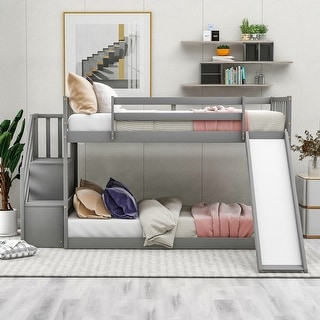 Artsy Twin over Twin Bunk Bed with Convertible Slide and Stairway, Space-saving Low Bunk Design, Sturdy and Long-lasting, Gray