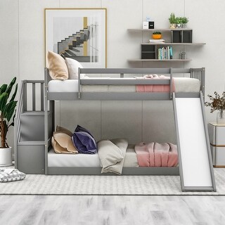 Twin over Twin Bunk Bed with Slide, Stairway, and Storage Shelves, Grey