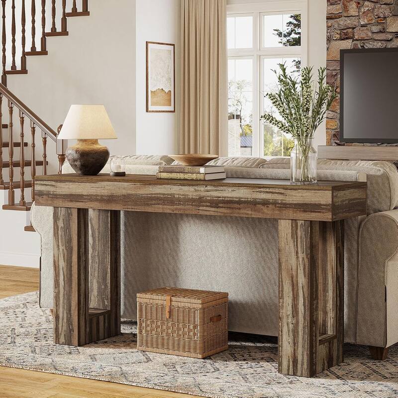 63" Wooden Console Table, Rectangular Sofa Table for Behind Couch, Entryway, HallwayLiving Room - Mottled Gray Brown