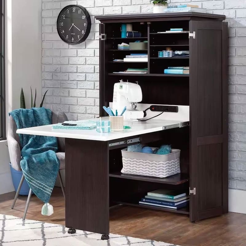 Space-Saving Craft Armoire with Drop Leaf Desk and Adjustable Storage Shelves Power Strip