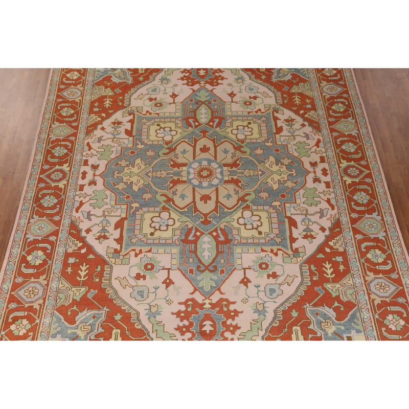 Geometric Heriz Serapi Indian Large Rug Hand-Knotted Pink Wool Carpet - 9'10" x 13'9"