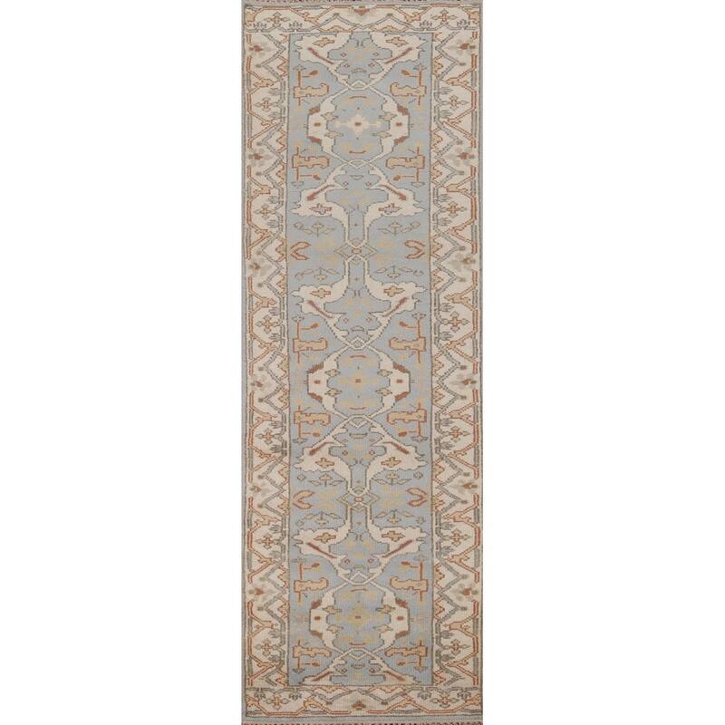 Light Blue Oushak Oriental Runner Rug Handmade Wool Carpet - 2'6" x 10'1"