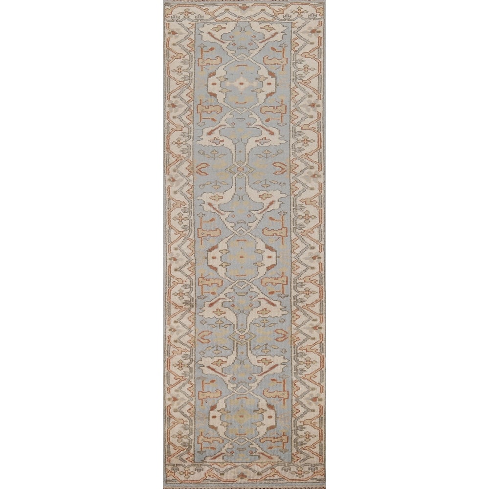 Light Blue Oushak Oriental Runner Rug Handmade Wool Carpet - 2'6" x 10'1"