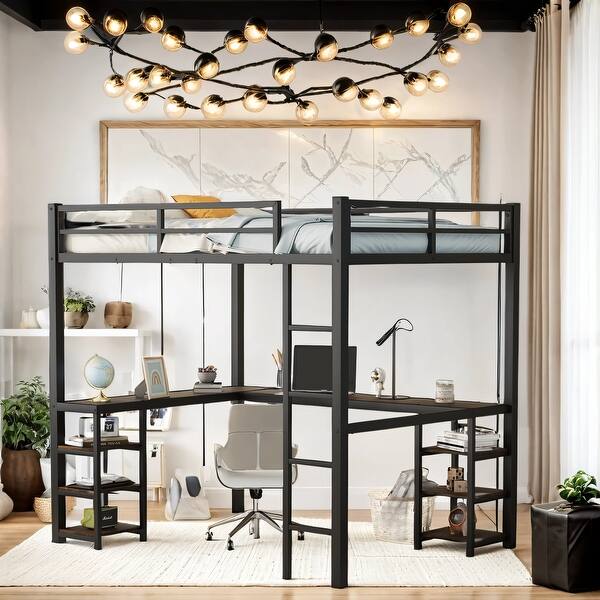 slide 2 of 13, Loft Bed Frame for Bedroom, Black with Vintage Wood-Colored Desk Black