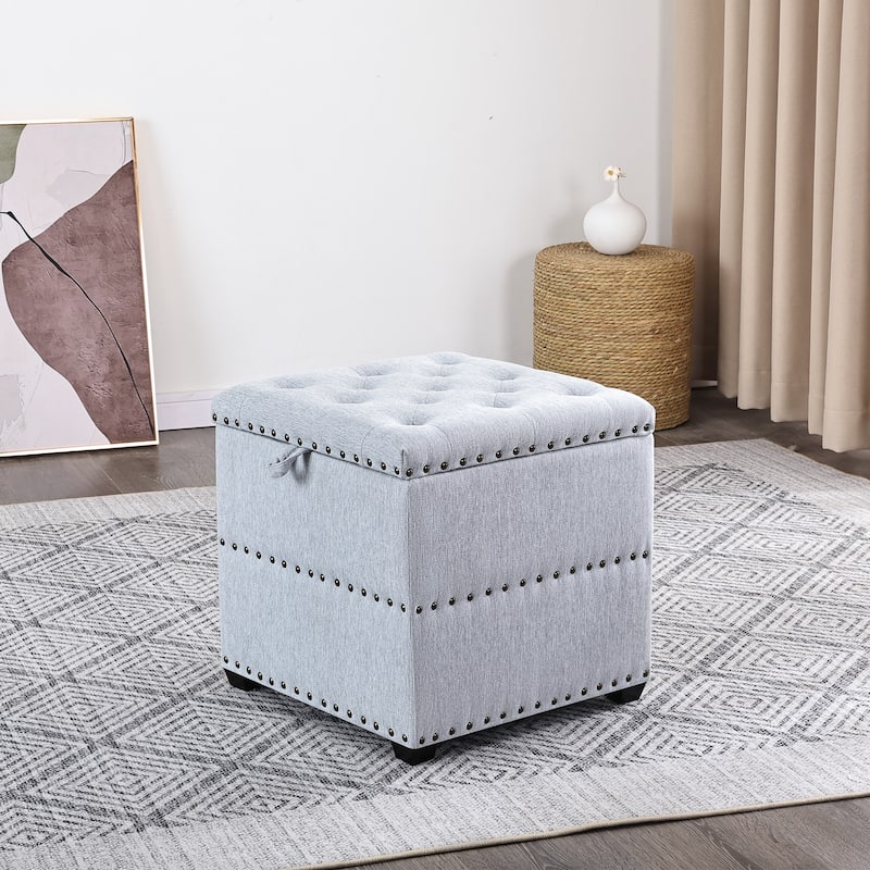 Adeco Fabric Square Storage Ottoman with Tray - Light Blue