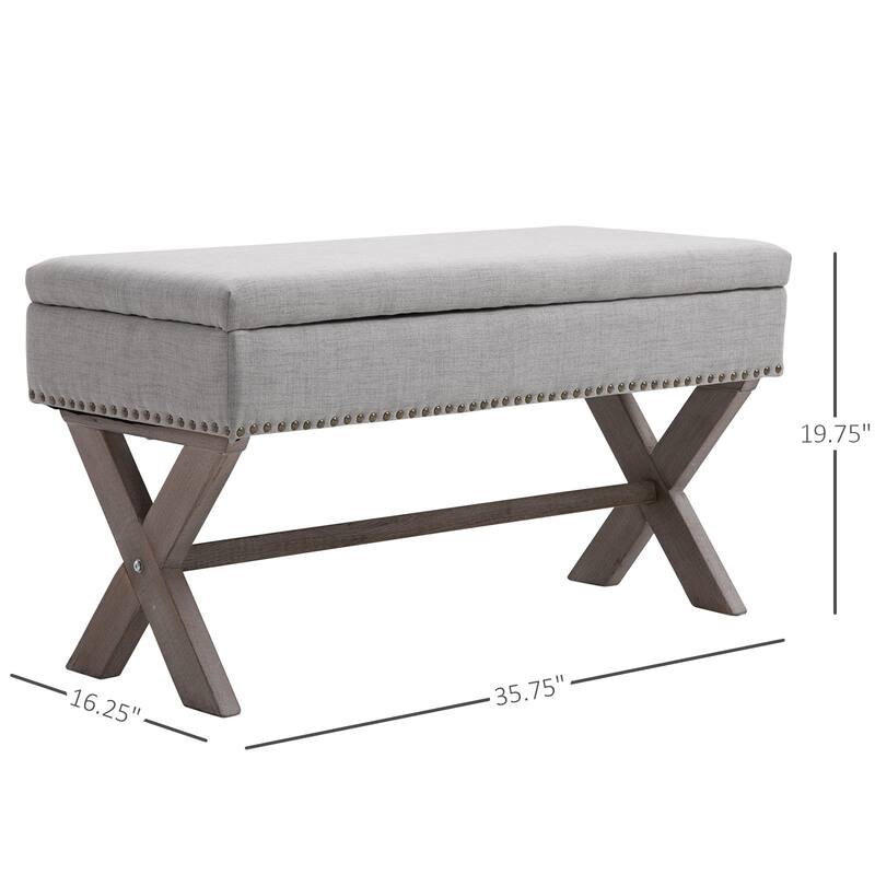 Grey Upholstered Storage Shoe Bench with Nail head Trim for Entryway Bedroom or Living Room Seating