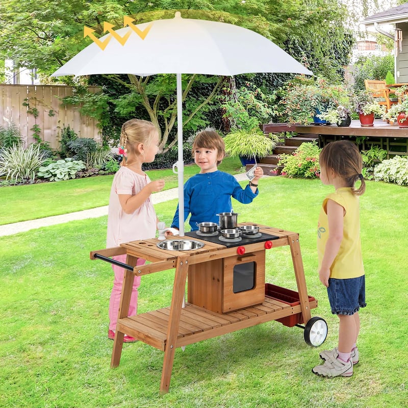 Kid's Play Trolley Outdoor Wooden Cart w/ Sun Umbrella for 3+
