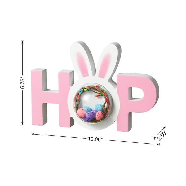 dimension image slide 4 of 6, Glitzhome Wooden Happy EASTER HOP with Artificial Rattan Table Sign Decor Centerpiece