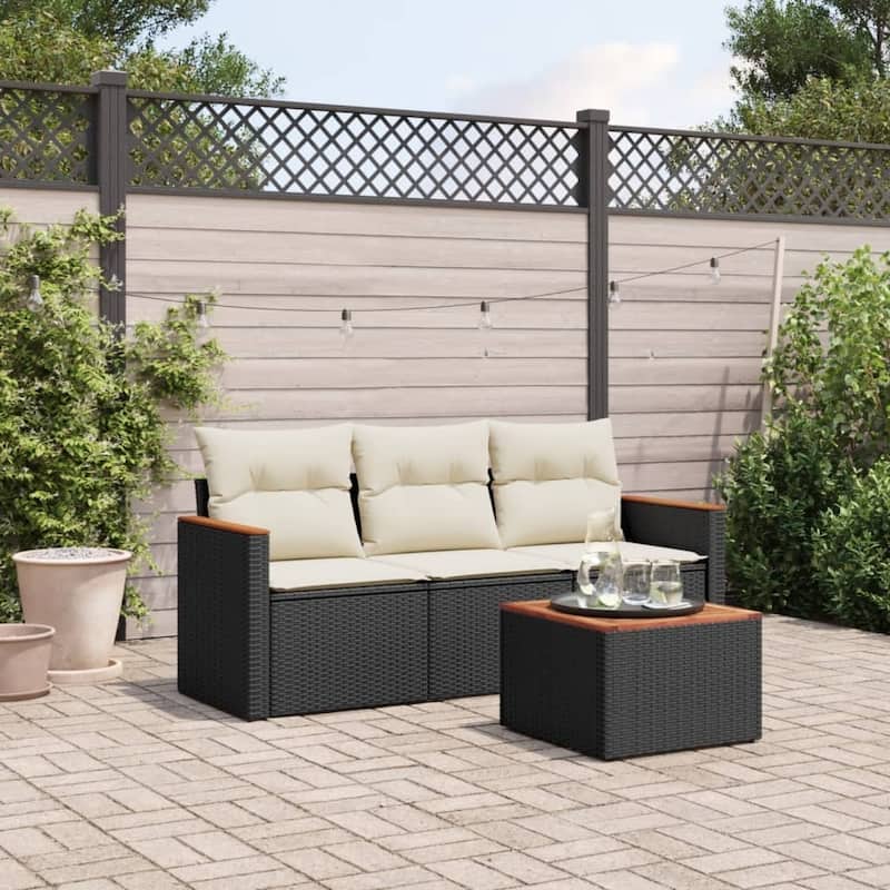 vidaXL Patio Sofa Set with Cushions Outdoor Conversation Furniture Poly Rattan - Black and cream with table - 21.7 x 21.7 x 14.6 in