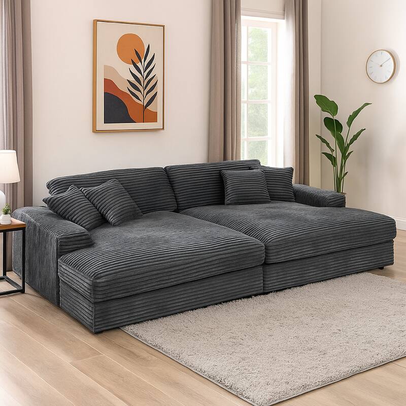 Liny 2pc Sectional Sofa Daybed Set, 4 Throw Pillows, Dark Gray Velvet