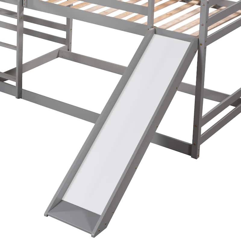 L-Shaped Full and Twin Bunk Bed with Slide, Durable Pine Frame, White