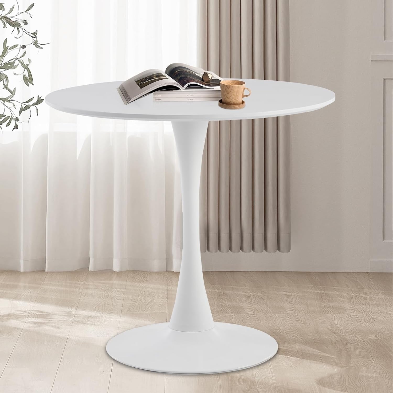 Round Dining Table for 2-4 People, MDF Top with Metal Base, White