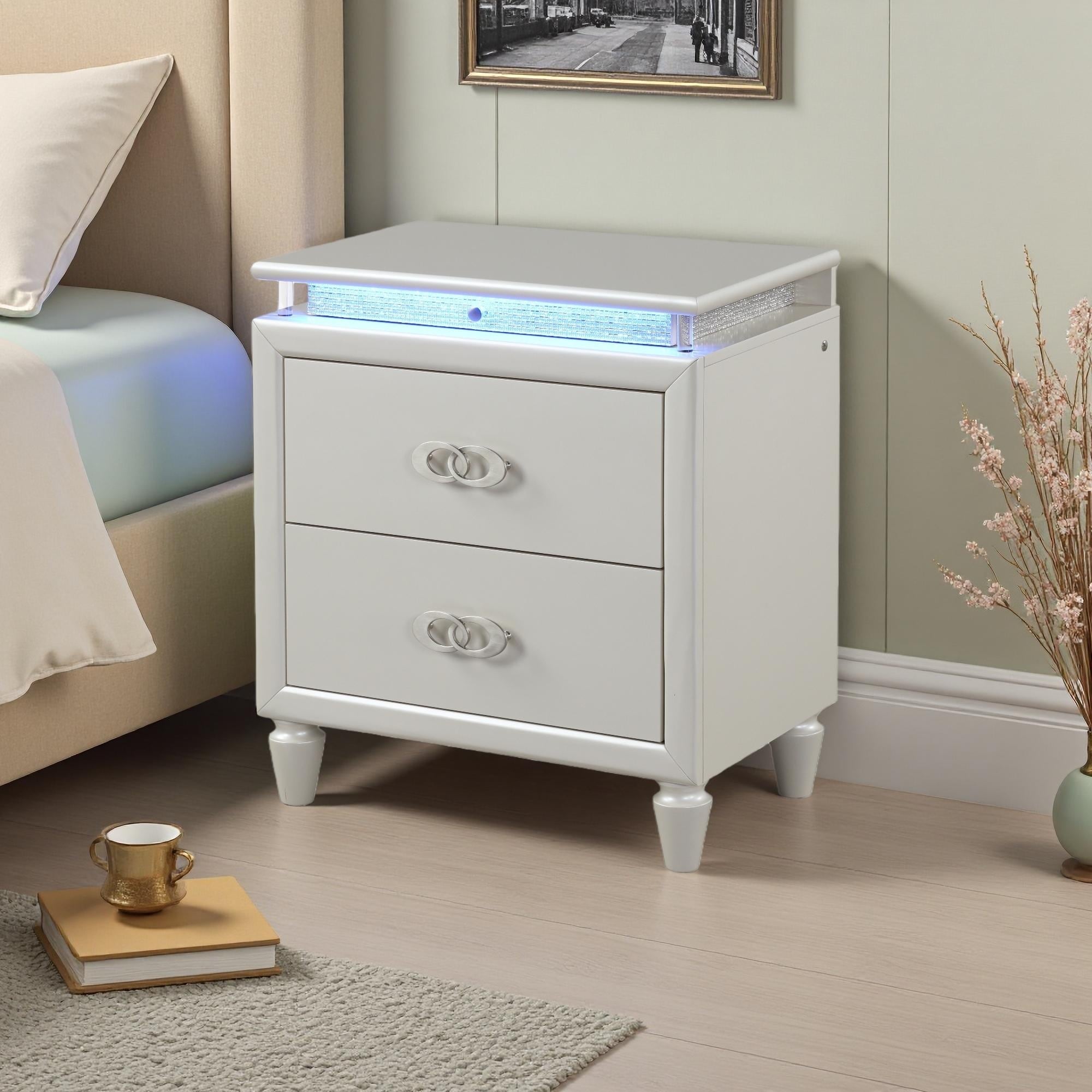 27"L Wood LED Nightstand, Felt-Lined Drawers, Ball Bearing Glides, Upholstered Lux