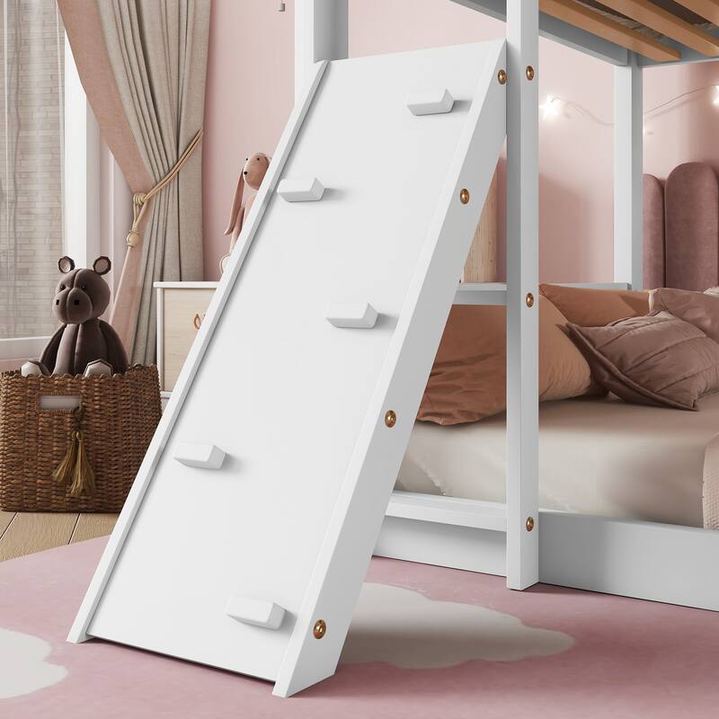 Twin Floor Bunk Bed with Double Ladders & Ramp, Pine Frame with Safety Guardrails