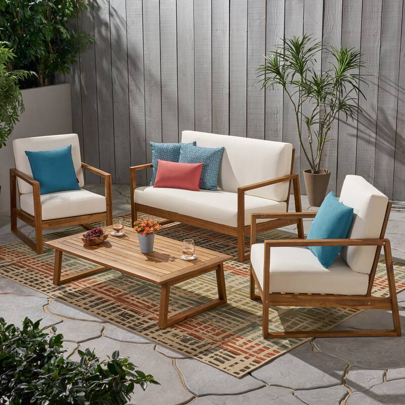 Belgian Outdoor 4-seater Acacia Wood Chat Set by Christopher Knight Home - Teak Finish+Beige