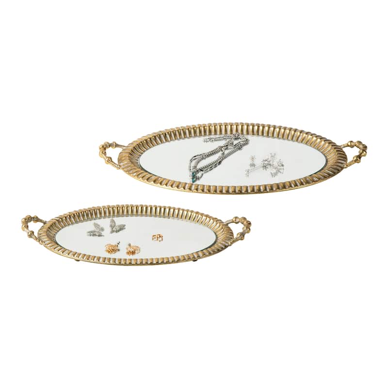 Glitzhome Set of 2 Oval Metal Gold Mirrored Decorative Trays with Handles -12" & 20"L