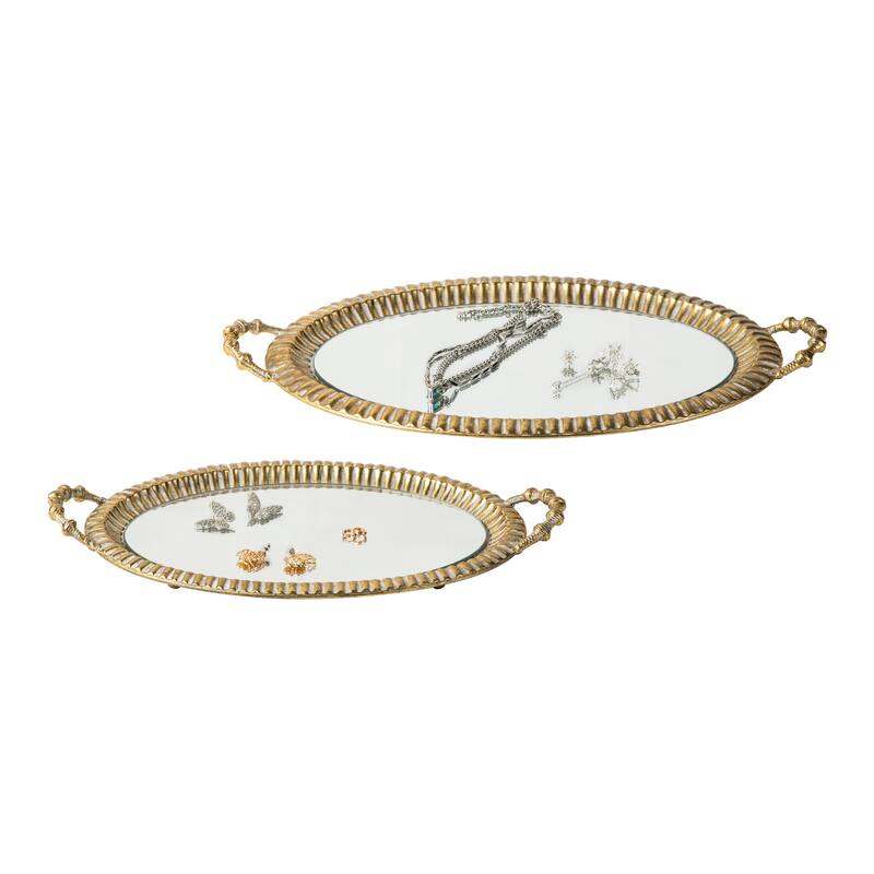 Glitzhome Set of 2 Modern Gold Floral Pattern Mirrored Decorative Trays with Handles