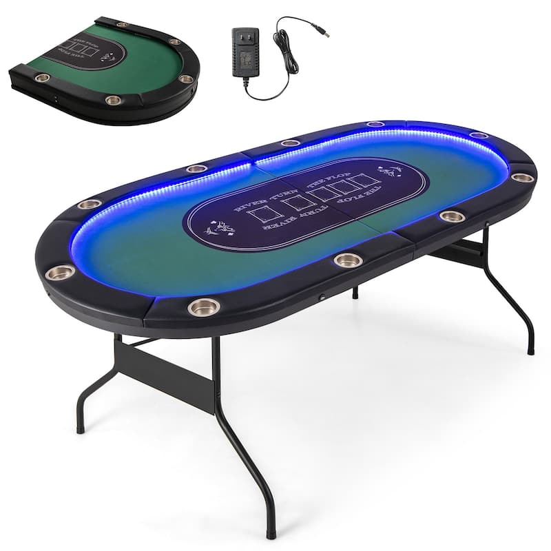 Costway Foldable 10 Player Poker Table Casino Texas Holdem with LED - See Details - Green