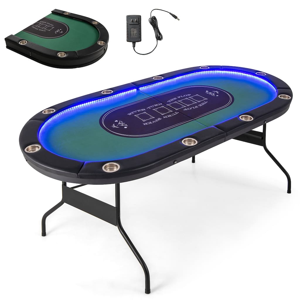 Costway Foldable 10 Player Poker Table Casino Texas Holdem with LED - See Details