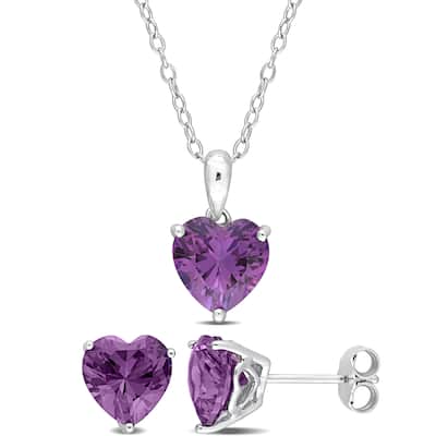 Miadora 6 4/5ct TGW Heart Simulated Alexandrite Set With Chain in Sterling Silver