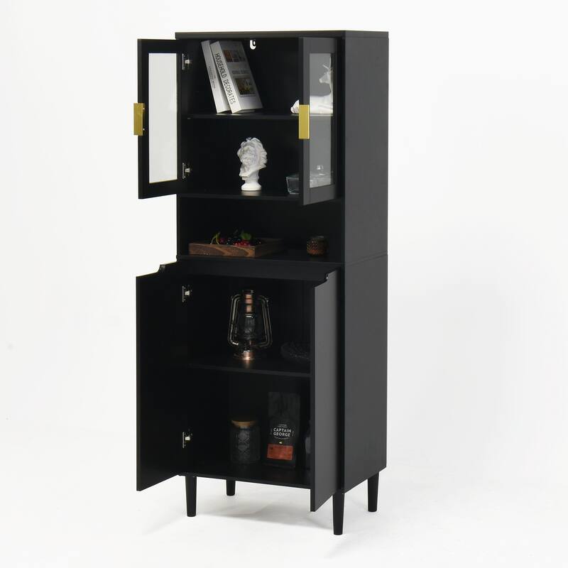 Tall Kitchen Pantry Cabinet with 2 Glass Display Doors & 2 Solid Doors