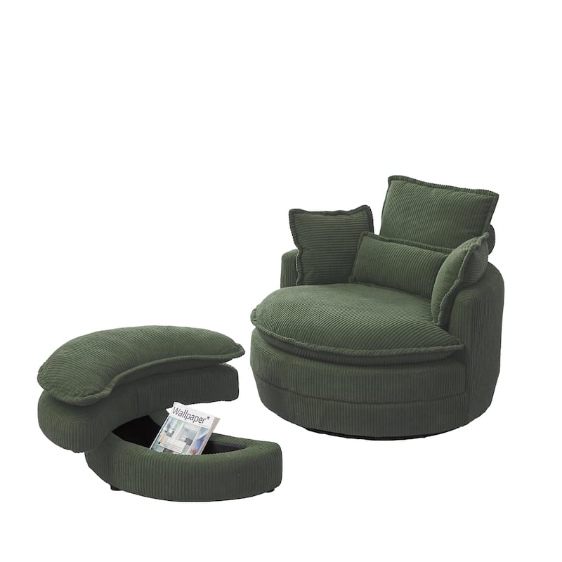 52" Upholstered Swivel Barrel Chair with Moon Storage Ottoman