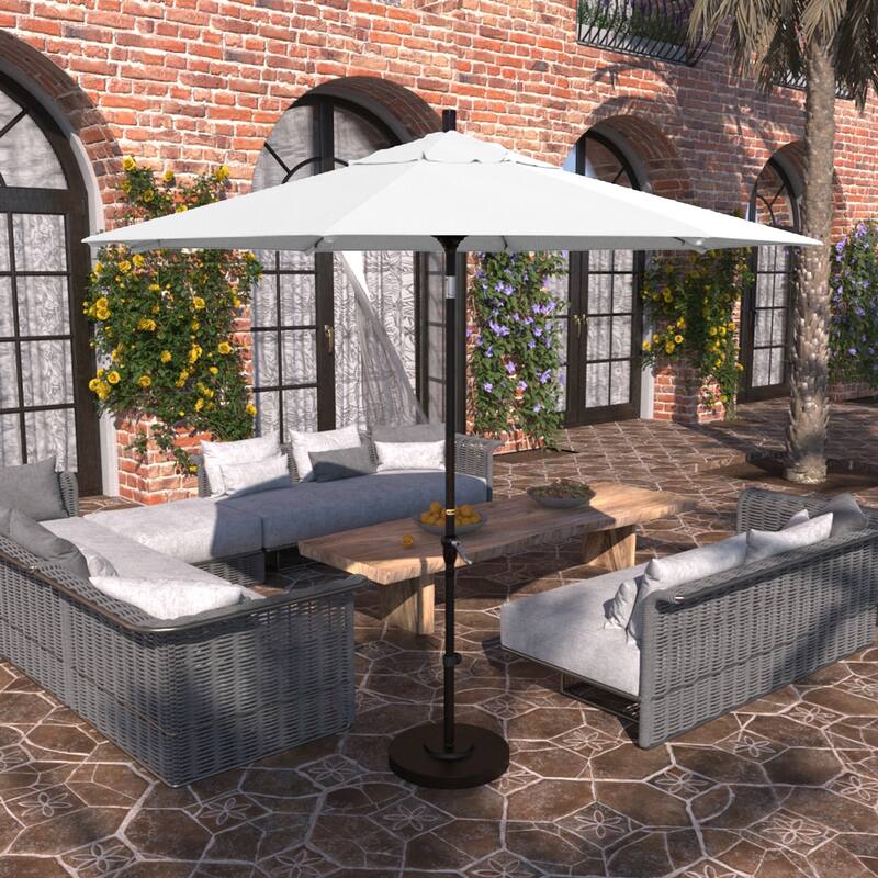 California Umbrella 9' Sunset Series Patio Umbrella Bronze Aluminum Frame and Ribs, Crank Lift Auto Tilt, Olefin Royal Blue - White