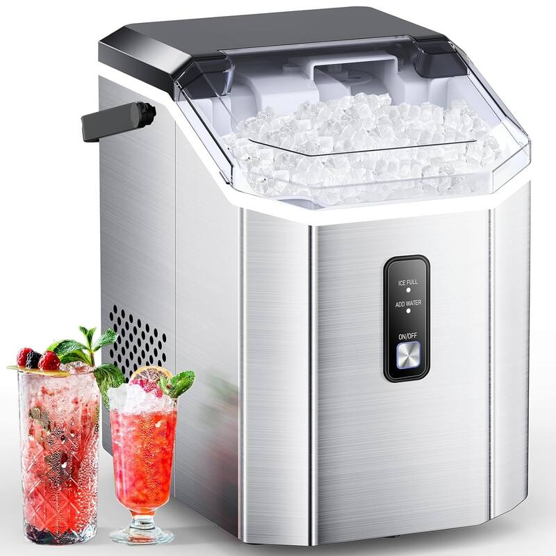Ice Makers Countertop, Portable Ice Maker Machine with Handle, Self-Cleaning Ice Maker, Ice Scoop and Basket - Stainless Steel