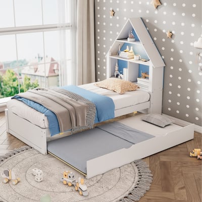 Twin Size House-Shaped Bed with Bookcase Headboard and Led Light and Twin Size Trundle for Kids Boys Girls