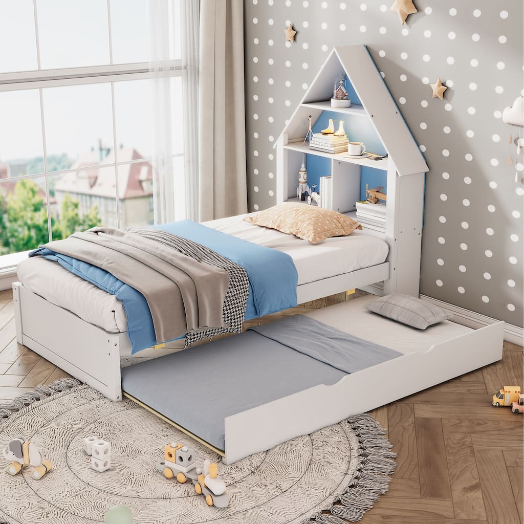 Twin Size House-Shaped Bed with Bookcase Headboard and Led Light and Twin Size Trundle for Kids Boys Girls