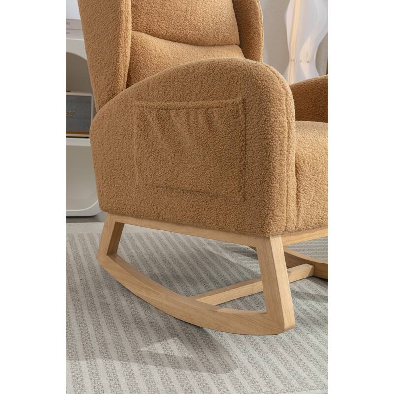 Glider Rocking Chair with Wing Back, Teddy Leisure Chair with Wood Legs, Upholstered Rocker Chair with Side Pocket