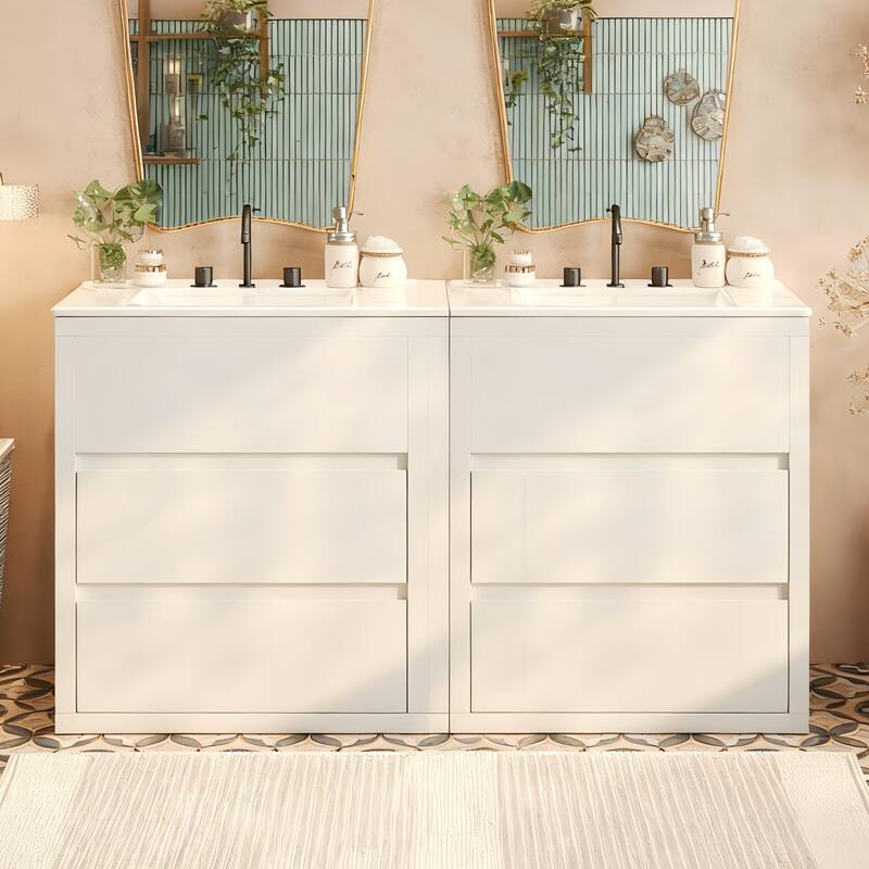30"/60" Bathroom Vanity Set, Freestanding Bathroom Vanity Cabinet with Ceramic Sink Basin & Drawers