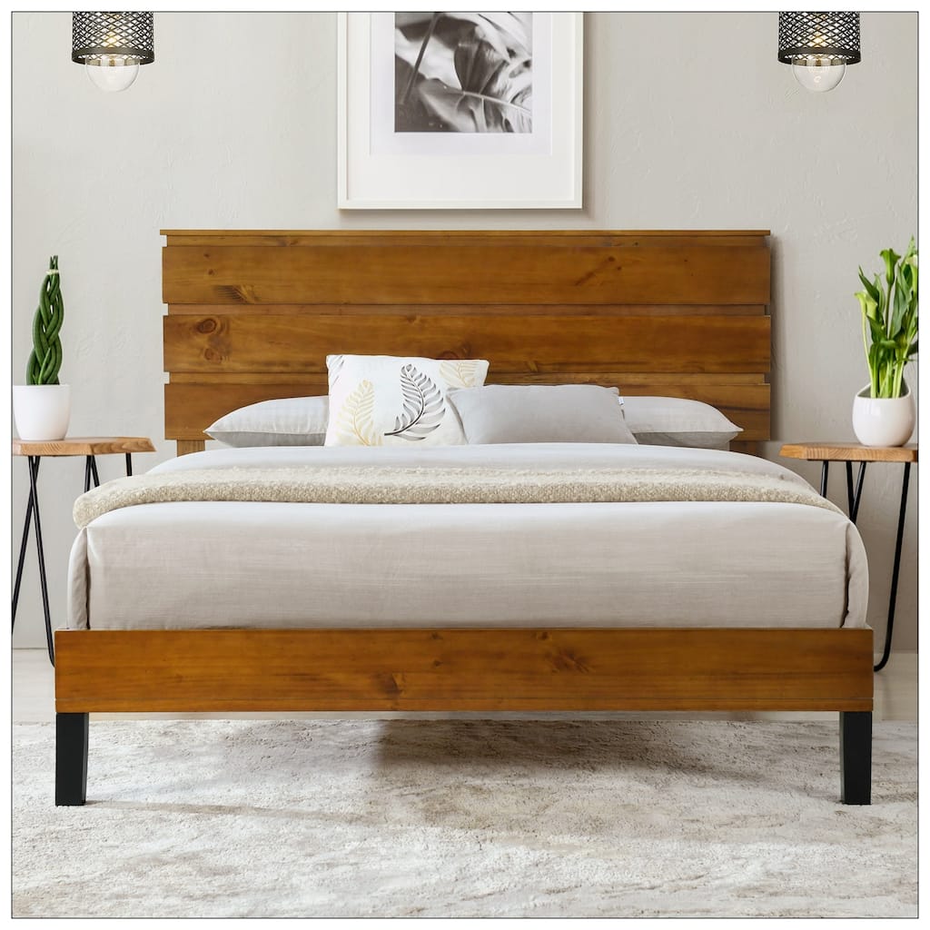 Queen Size Solid Wood Platform Bed with Three-Piece Headboard