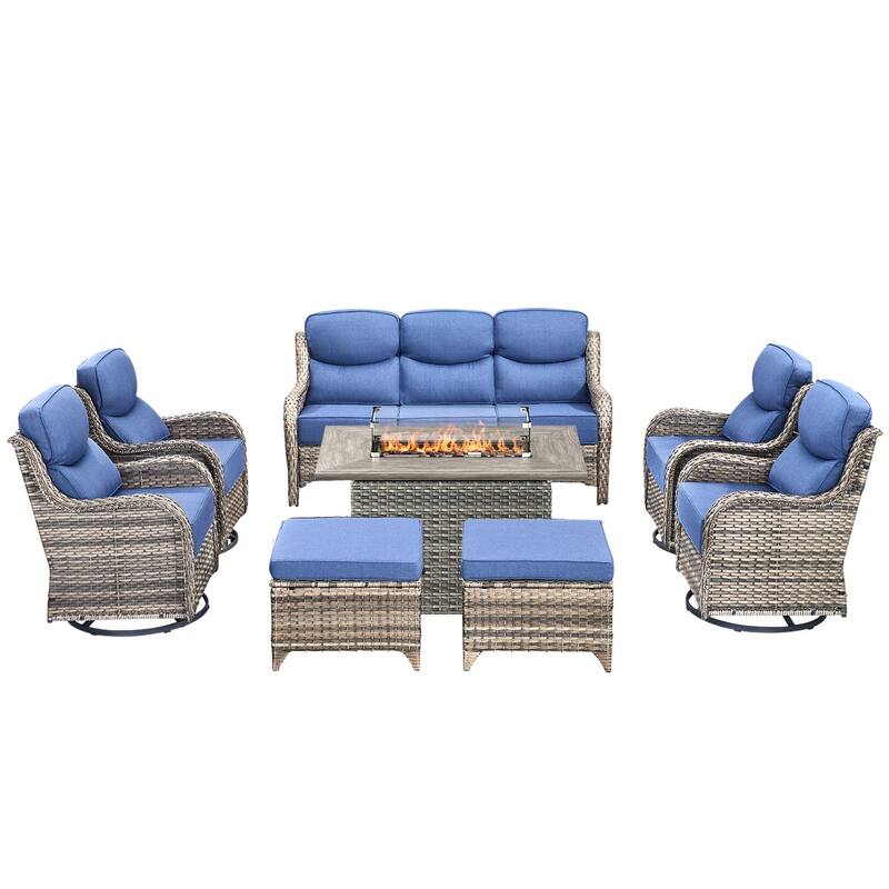 Pocassy 8 Pieces Outdoor 6 Inch Sofa Swivel Chair Ottoman with Fire Table