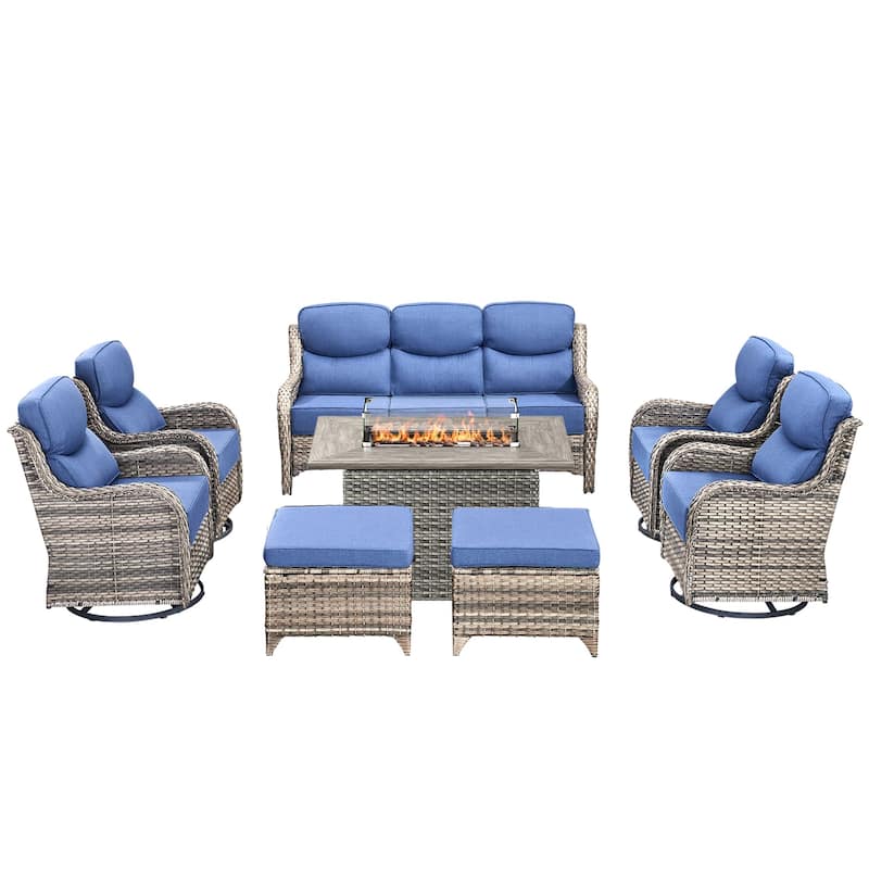 Pocassy Outdoor 6 Inch Sofa Swivel Chairs Ottoman with Fire Table Set