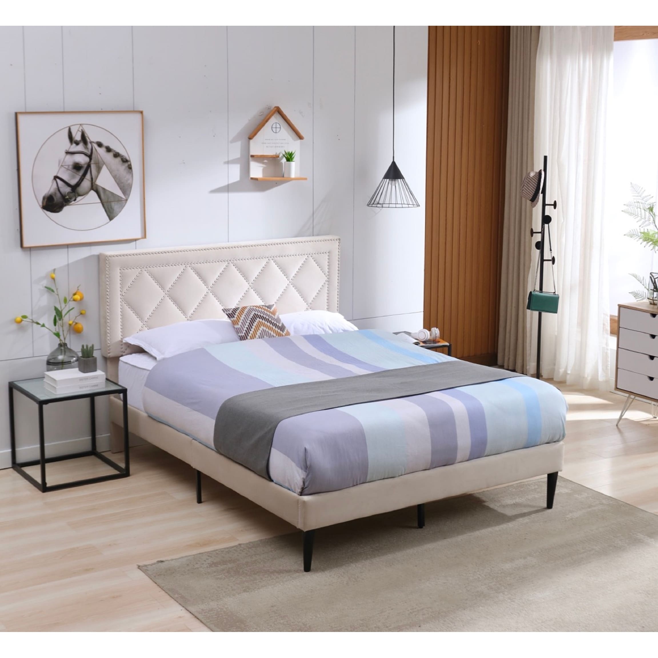 Modern Suede Velvet Curved Upholstered Bed Nailhead Trim Queen