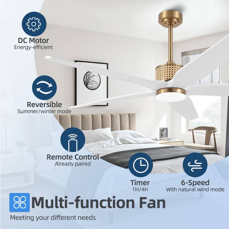 60 Inch. 5 Blades Dc Motor Indoor Ceiling Fan With Light Kit And Remote - 60"
