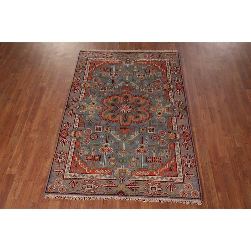 Geometric Kazak Indian Area Rug Hand-Knotted Wool Carpet - 4'0"x 5'9"