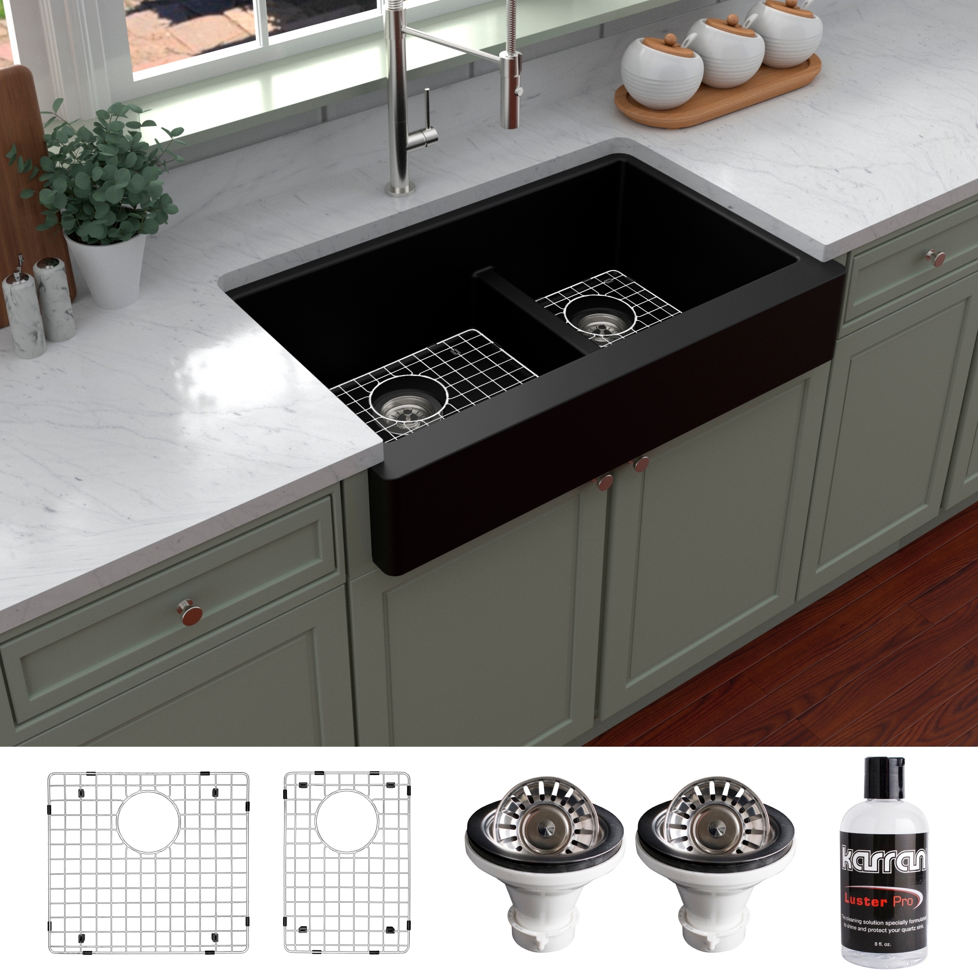 Karran Retrofit Farmhouse Quartz 34 in. Double Bowl 60/40 Sink Kit