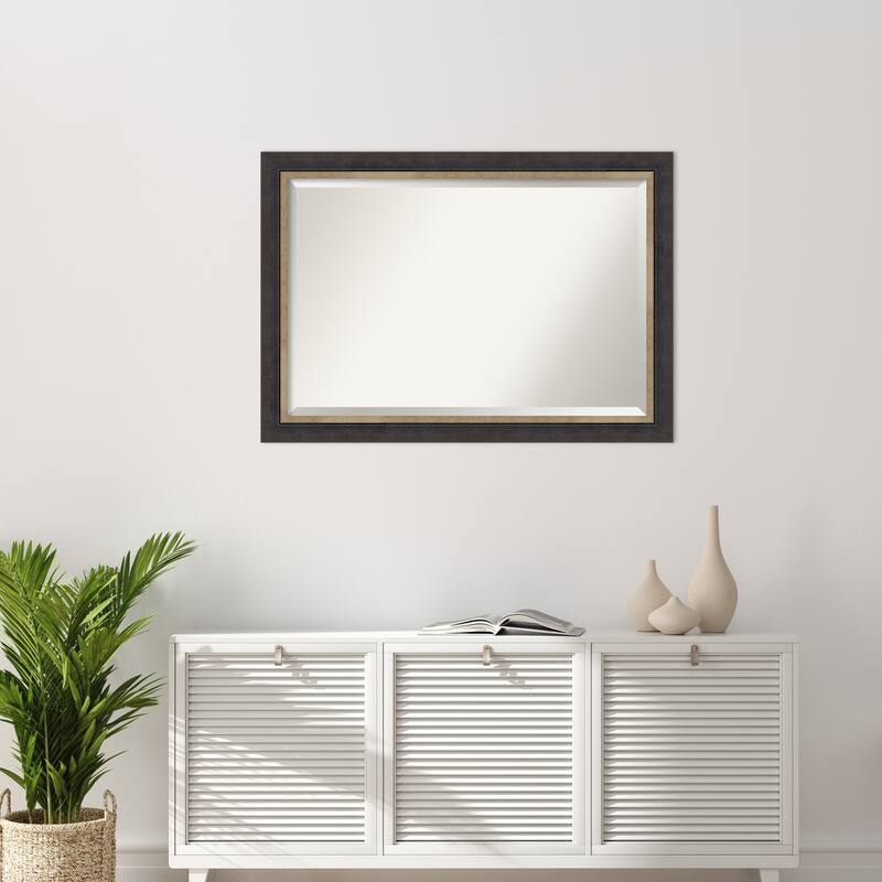 Hammered Charcoal Tan Beveled Wood Framed Wall Mirror - Hammered Charcoal Tan