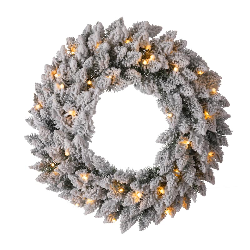 Glitzhome 24"D Pre-Lit Christmas Wreath with LED Light and Timer - Snow Flocked