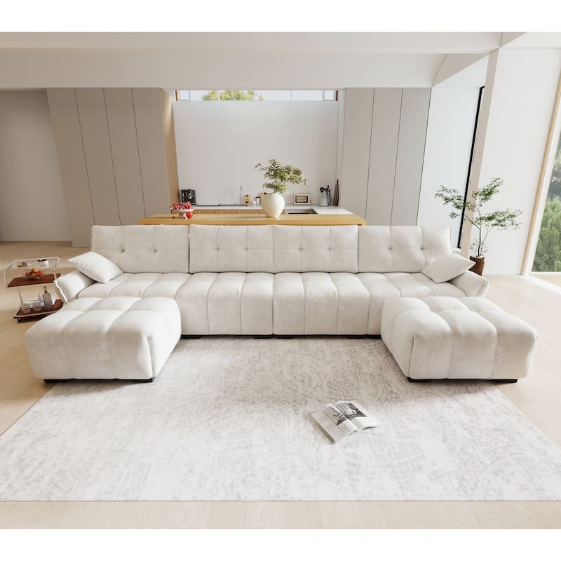 141.7" Chenille U-Shaped Sofa 6 Seater Upholstered Couch with 2 Ottomans for Living Room - White