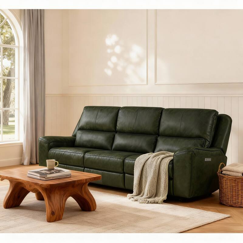 116" W Top Grain Leather Triple-Power Oversized Width Seat Sofa with Ajustable Headrest, USB & USB-C Charging - Emerald