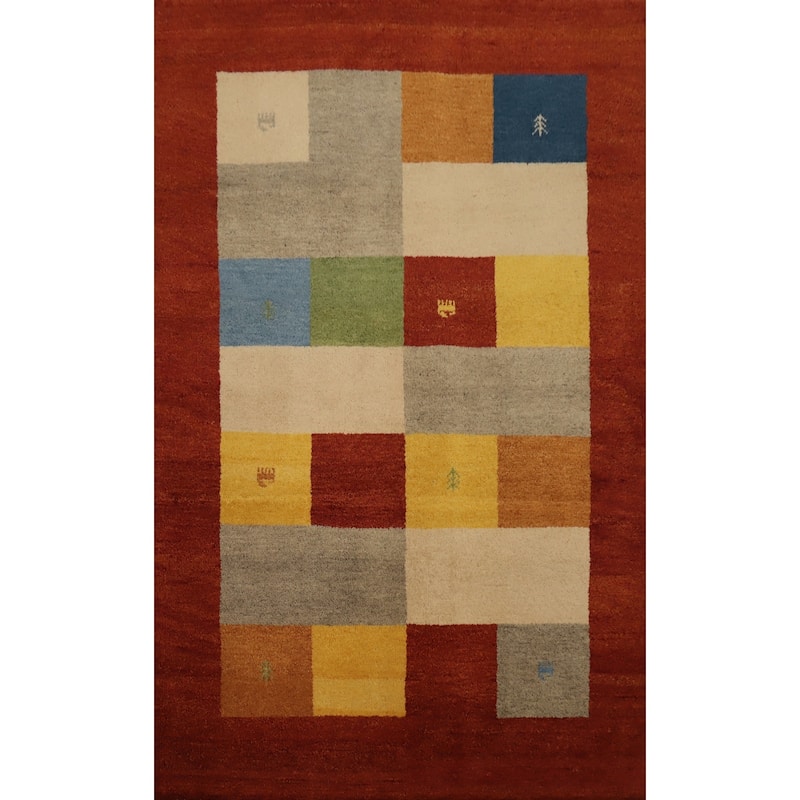 Hand Knotted Oriental 100% Wool Carpet Tribal Geometric Multi-Colored Gabbeh Area Rug - 6' 7'' X 4' 7''