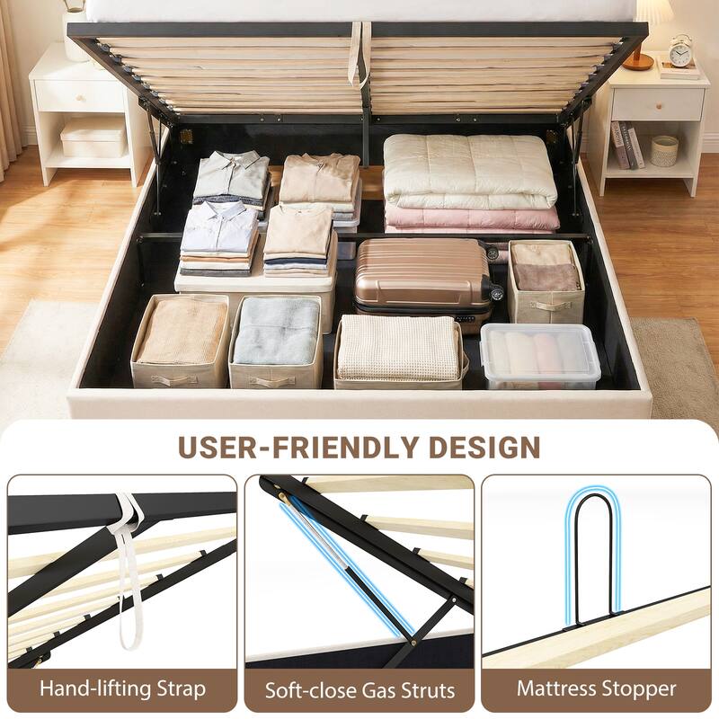 Gymax Queen Size Lift-up Storage Bed w/Tufted Wingback Headboard