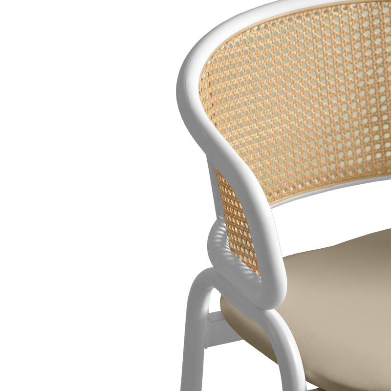 LeisureMod Ervilla Set of 2 Modern Wicker Leather Bar Stool with Curved Back & White Steel Frame for Home Office Dining Room