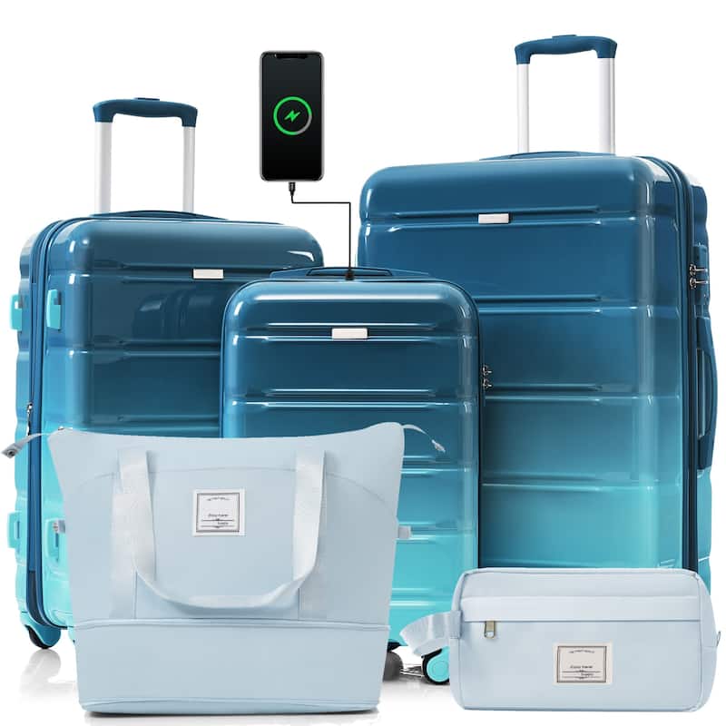 5-Piece, 20-Inch Modern Hard Shell Luggage with USB Port and Spinner Wheels, for Boarding Travel, Blue - Blue